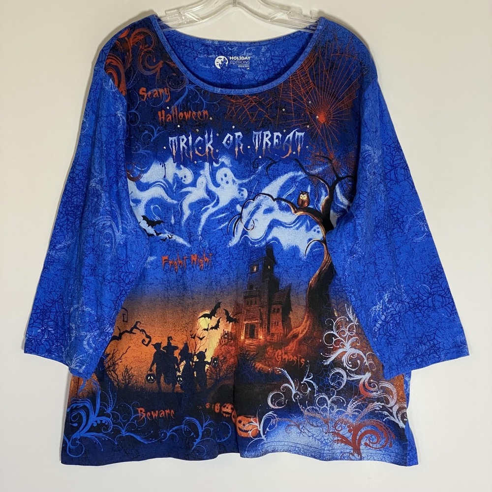 Holiday Editions Top Womens 3X Blue Halloween Haunted House‎ Rhinestone Tunic